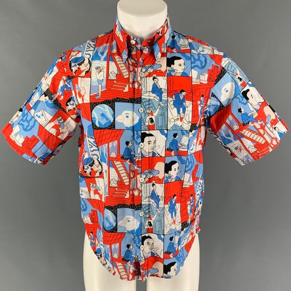 PRADA SS 18 Comic Collection Size S Red Blue Graphic Cotton Short Sleeve Shirt - Picture 1 of 6